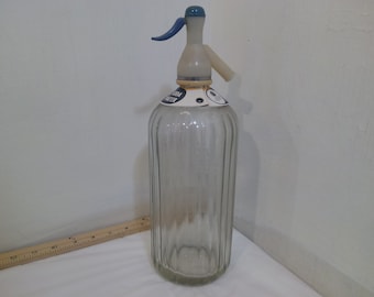 Vintage Barware Seltzer Bottle, Hooper Struve Soda Water Bottle with Nozzle, Etched Bottle