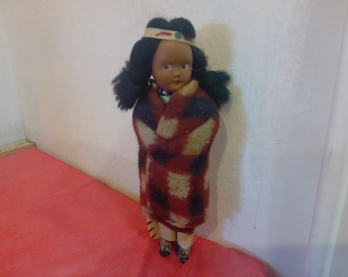 Vintage Plastic Doll, Native American Girl Doll in Plaid Wool Blanket#