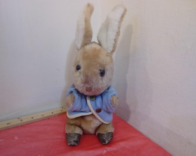 Vintage Stuffed Musical Toy, Peter Rabbit "Beatrixe Bunny" with Wind-up Music Box by Eden Toys, Bunny with Blue Jacket, 1970's