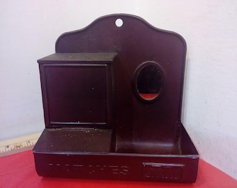 Vintage House Decor, Tin Wall Hanging Match Holder and Spent Match Area with Small Mirror#