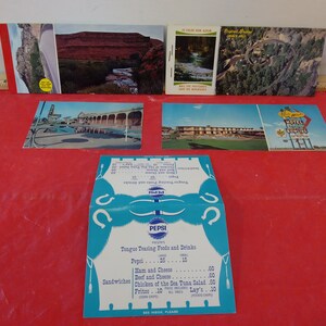 Cartões postais vintage, cartões postais de Wyoming, Dakota do Sul, Arkansas e Oklahoma, cartaz da Pepsi do restaurante, década de 1960