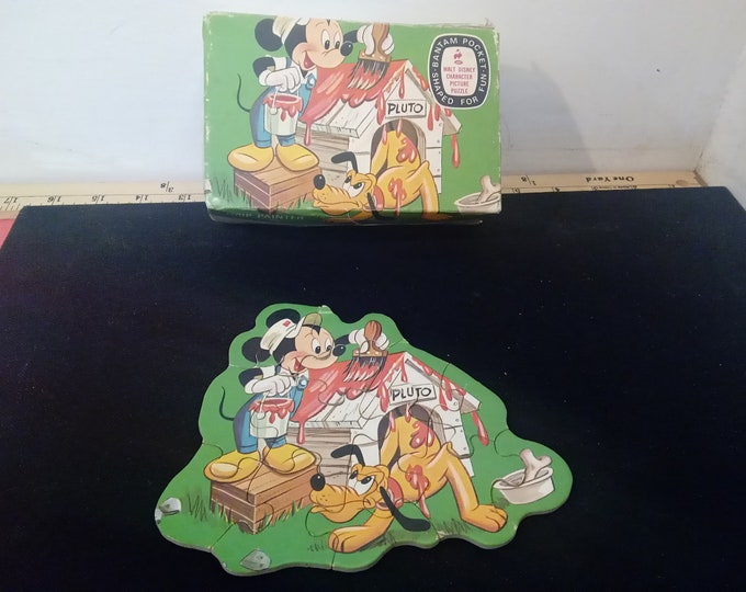 Vintage Jigsaw Puzzle, Child Shape Puzzle "Walt Disney Character Shaped Puzzle", Mickey & Pluto Drip Painter #8738 by Jaymar#p