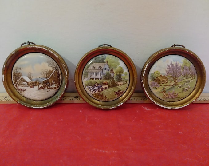 Vintage Wall Decor, Currier & Ives Ceramic Small Round Wall Hangings, Winter Morning, American Homestead Spring and Summer