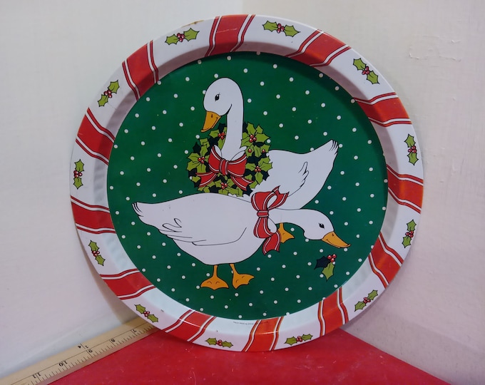 Vintage Decorative Tray, Christmas Decorative Tray or Serving Tray "Two Ducks with Holly" by Giftco Inc, Made in Hong Kong, 1980's