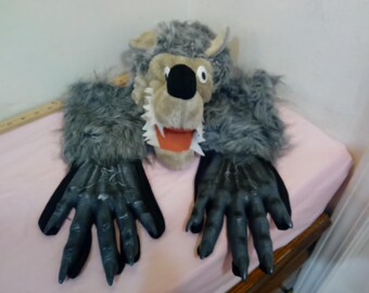 Vintage Costume Head and Gloves, Big Bad Wolf or Werewolf Hat/Head Covering and Gloves for Wolf Appearance