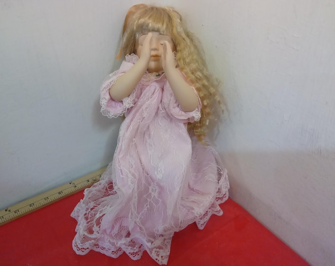 Vintage Porcelain Doll, Kneeling Praying Girl Doll with Blonde Wavey Hair