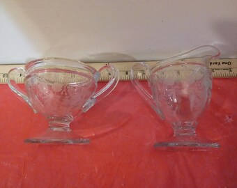 Vintage Sugar Bowl and Creamer Set, Acid Etched Creamer and Sugar Bowl with Flowers and Leafs