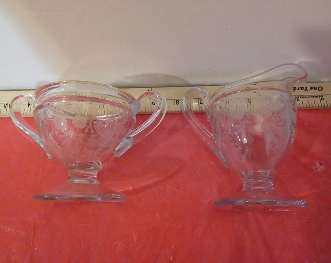 Vintage Sugar Bowl and Creamer Set, Acid Etched Creamer and Sugar Bowl with Flowers and Leafs