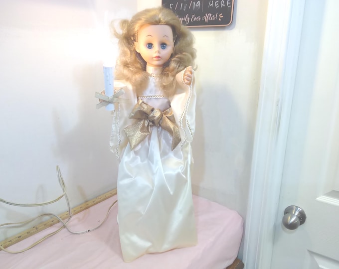 Vintage Animation Doll, The Original Animated and Illuminated Little People " Girl with Candle in White Satin Dress by Rennoc Animations