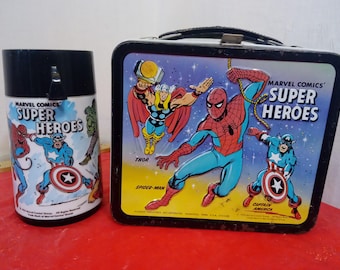 Vintage Lunchbox, Marvel Comics Superheroes Lunchbox with Thermos by Aladdin, 1976