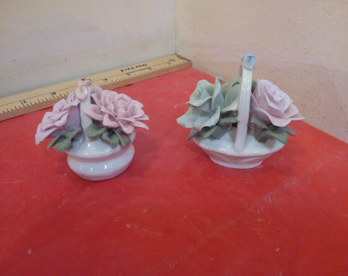 Vintage Porcelain Figurines, Flowers in a Basket with Handle with Blue Bow and other has Pink Bow