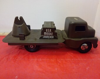 Vintage Toy Truck, Press Steel and Plastic Army Truck GMC COE Cab, U.S.A. Missile Launcher by Structo Toys, 1950's#