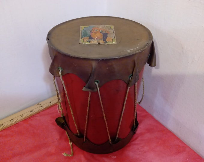 Vintage Toy Drum, Red Metal Drum with Material for Drum Top and Bottom with Cochise Sticker