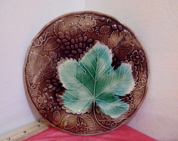 Vintage Decor Plate, Fransica Plate with Large Leaf Design and Flowers