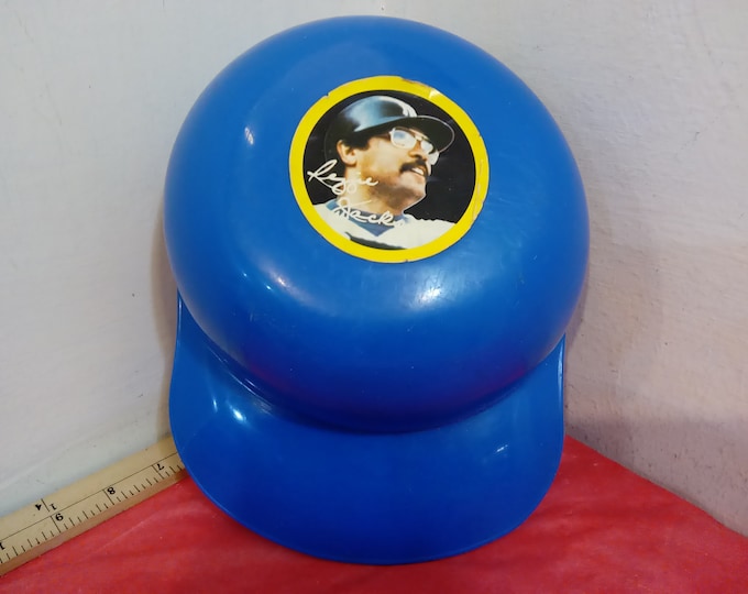 Vintage Childs Batting Helmet, Blue Batting Helmet with Reggie Jackson Sticker and Signature on Top, Made in Hong Kong by Remco, 1979#