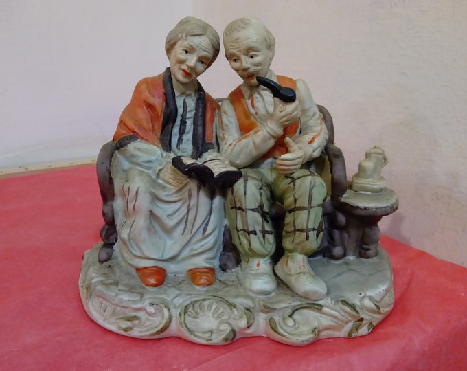 Vintage Ceramic Figurine, Grandma with Book and Grandpa with Pipe on Loveseat and Side Table