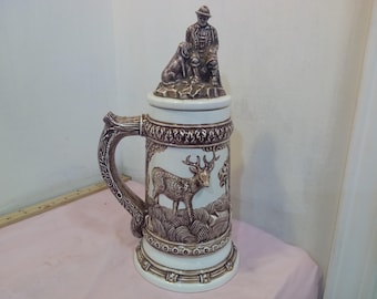 Vintage Ceramic Stein, Decorative Stein with Hunter and Dog on Lid, 3D Deer and Hunter on Bottom