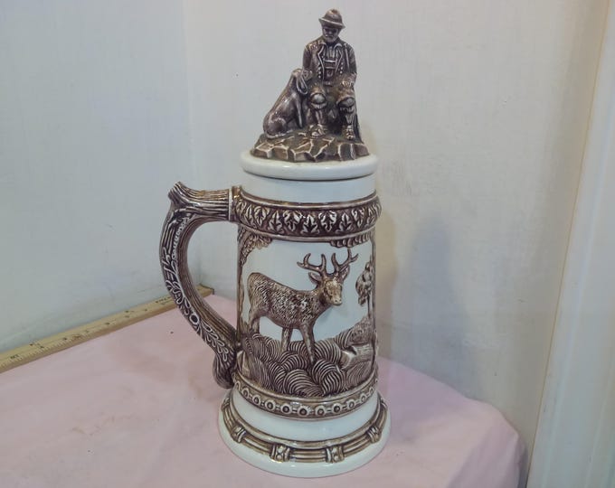 Vintage Ceramic Stein, Decorative Stein with Hunter and Dog on Lid, 3D Deer and Hunter on Bottom