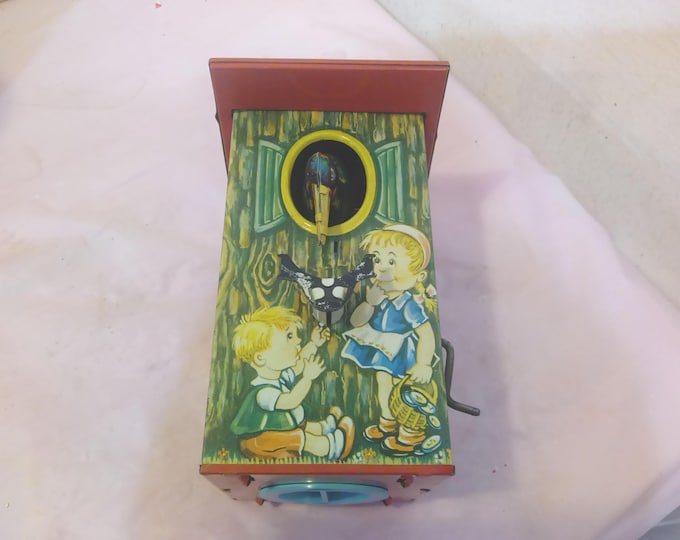 Vintage Mechanical Tin Lithograph Piggy Bank, Moving Crow with Pictures of Boys and Girls with Coins, Made in Western Germany