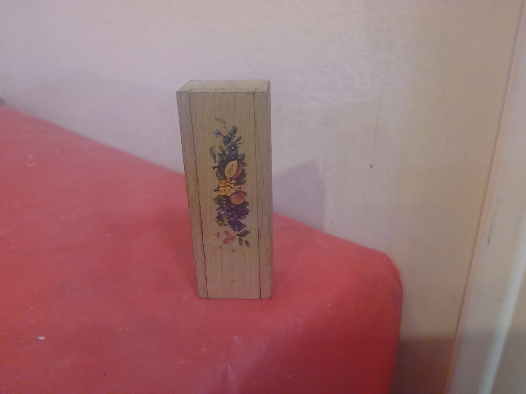 Vintage Wooden Match Box, Wooden Match Box With Tole Painting on Front of Grapes and Other Fruit