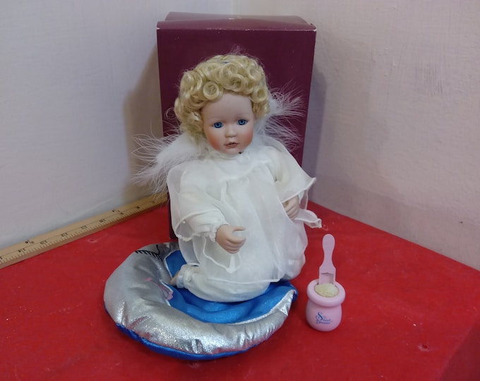 Vintage Porcelain Doll, The Ashton Drake Galleries, Baby Girl on Moon Shape Blanket and Bucket and Shovel, 1990