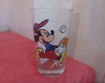 Vintage Child's Drinking Glass, Disney's Mickey Mouse Playing Baseball and Minnie Cheering on Other Side