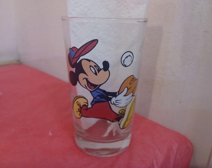 Vintage Child's Drinking Glass, Disney's Mickey Mouse Playing Baseball and Minnie Cheering on Other Side