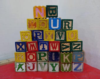 Vintage Wooden Blocks, Alphabet Blocks and Building Blocks of Different Shapes and Sizes
