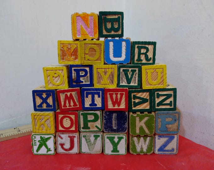 Vintage Wooden Blocks, Alphabet Blocks and Building Blocks of Different Shapes and Sizes