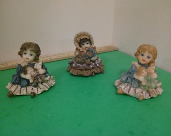 Vintage Little Victorian Looking Girls Figurines with Dolls and Basket*a