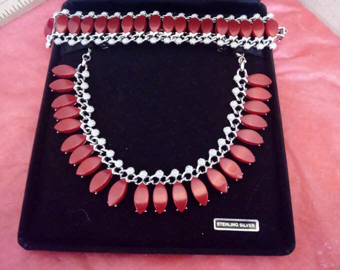 Vintage Jewlery Set, Necklace and Matching Bracelet with Red Stones Carnelian and Sterling Silver