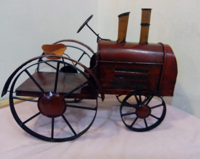 Vintage Metal Artwork, Tin and Wire Large Tractor in a Reddish-Brown Color