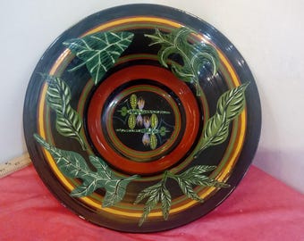 Vintage Large Pottery Serving Bowl, North Carolina Pottery Serving Bowl with Dragonfly's and Leafs