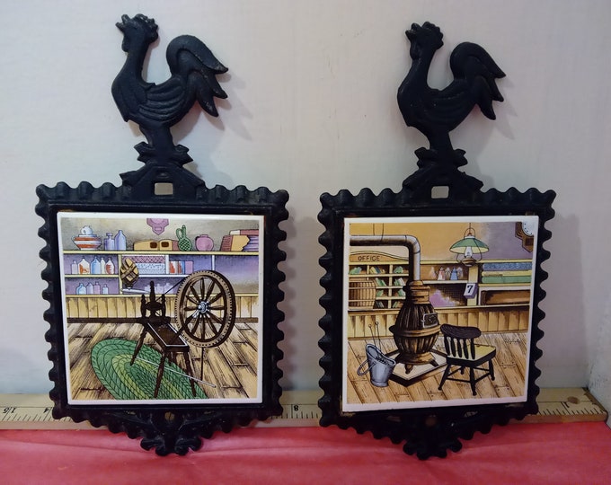 Vintage Trivets, Cast Iron Rooster Frame, Farm Store Picture Trivet's, Made in Japan, House Decor or Pot Sitter