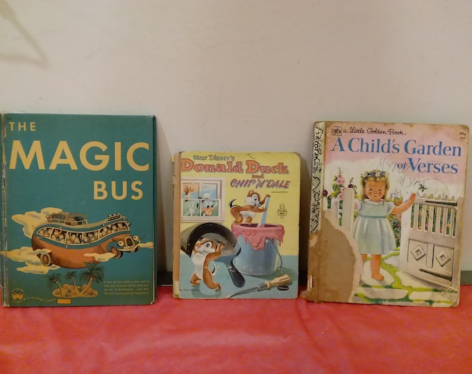 Vintage Children's Books, The Magic Bus by Wonder Books, A Child's Garden of Verses, and Donald Duck and Chip n Dale, 1950's