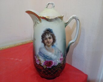 Vintage Imperial Crown Pitcher, Hand Painted Chocolate Coffee/Tea Pot with Lady and Roses, Germany, 1930's