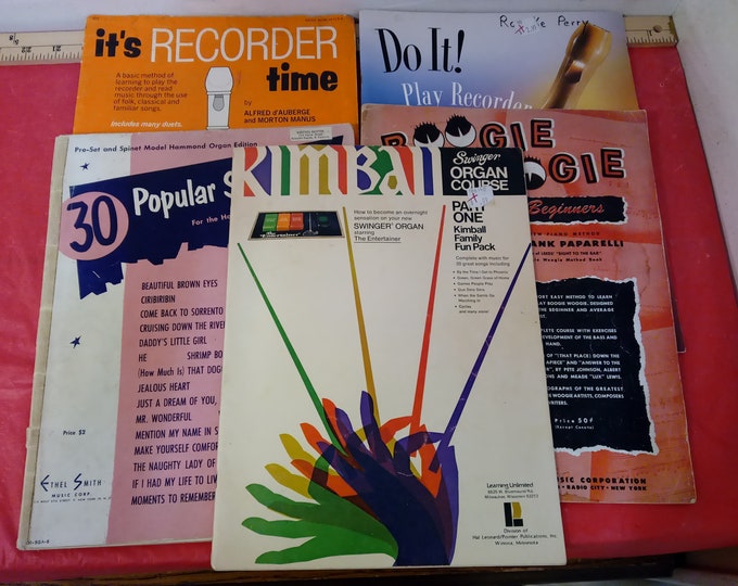 Vintage Music Guides, Play Recorder, 30 Popular Standards, Boogie Woogie, and Kimball Swinger Organ Course