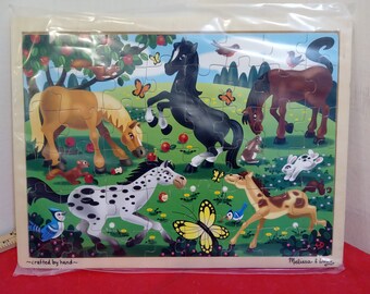 Vintage Wooden Framed Puzzle, Horses by Melissa & Doug, Hand Crafted 48 Pieces
