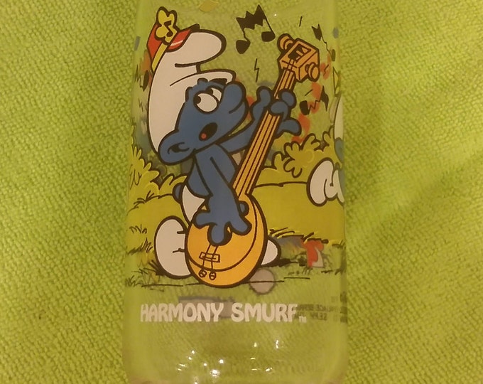 Vintage Smurfs Drinking Glass, Harmony Smurf Peyo Glass, 1983