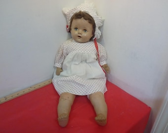 Vintage Composite Doll, Girl Composite Doll in Red Polka Dotted Dress with Matching Bonnet, 1930's