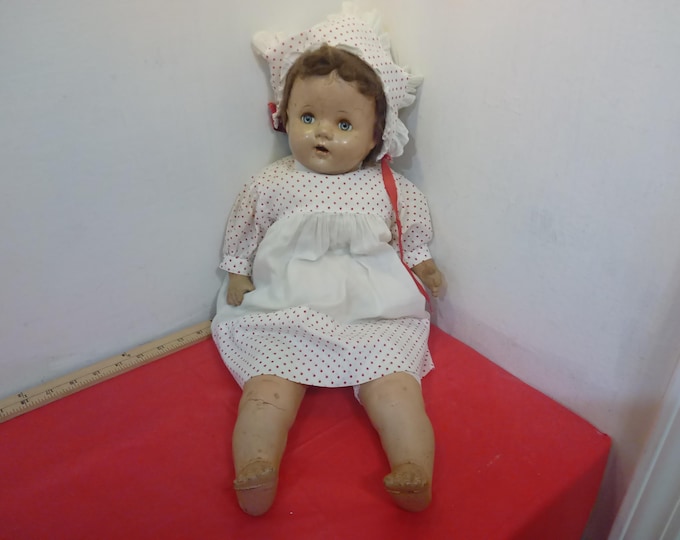 Vintage Composite Doll, Girl Composite Doll in Red Polka Dotted Dress with Matching Bonnet, 1930's