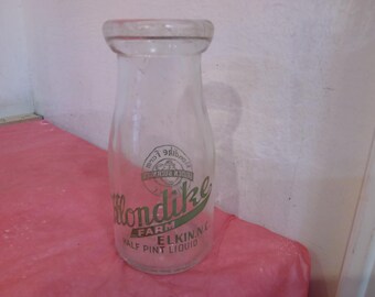 Vintage Creamer Bottle 1/2 Pint, Klondike Farm Creamer Bottle 1/2 Pint from Elkin N.C.#