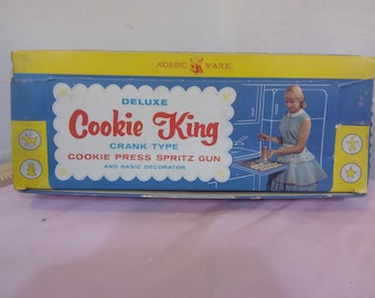 Vintage Cookie Making Items, Glass Rolling Pin from Roll-Rite, Mirro Decorator Set, Peppar-Kaks-Hjartan Heart Cutters, Deluxe Cookie King