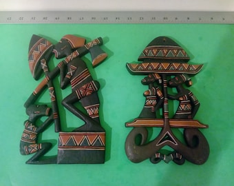 Vintage Hand Carved and Painted  Wood Wall Plaques, Indo Dekor