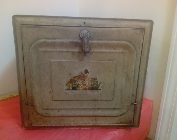 Vintage Metal/Tin Bread or Pie Box with Shelf, Mint Green in Color with Sticker on Front of Flowers, Hinged Door with Latch