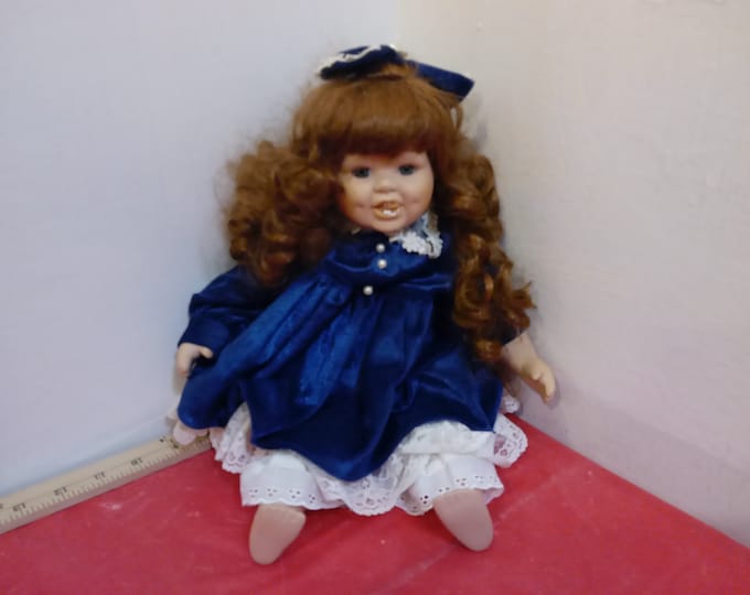 Vintage Porcelain Doll, "Girl in Dark Blue Dress and White Pants", 1980's
