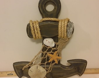 Vintage Wall Decor, Anchor Coat Rack with Rope, Netting, and Seashells, Wooden Anchor, 1980's