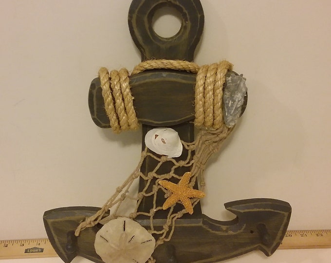 Vintage Wall Decor, Anchor Coat Rack with Rope, Netting, and Seashells, Wooden Anchor, 1980's