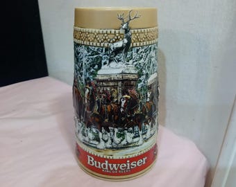 Vintage Beer Steins, Ceramic Budweiser Beer Steins with Clydesdale or Military Mugs from Pope Air Force Base/Namao Oktoberfest, 1970's/80's