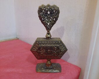 Vintage Metal Perfume Bottle, Heart Shape Top Metal Perfume Container with Intricate Design of Hearts and Roses